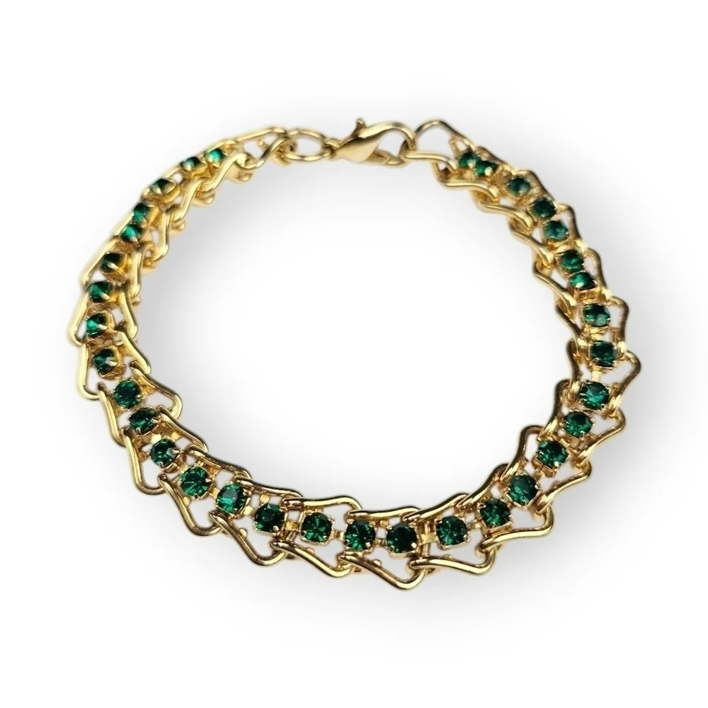 Emerald Green Rhinestone Hook Chain Bracelet Gold Plated Vintage 90s 7.25